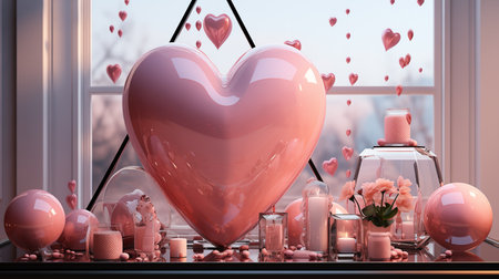 pink heart on window sill valentines day. Abstract Valentines Card With pink Heartsの素材