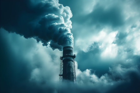 Industrial smoke from chimney of power plant on dark sky backgroundの素材