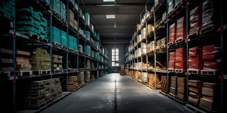 Large warehouse with rows of pallets and boxes. Industrial background.の素材