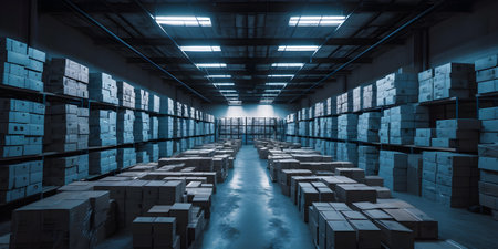 Warehouse interior with shelves full of boxes in warehouseの素材