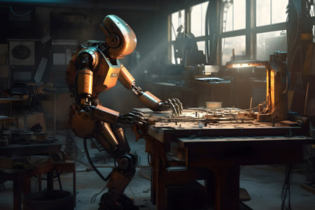 Robot working in factory at night. Futuristic robot working in factory.の素材