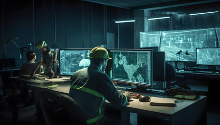 Engineer working on desktop computer in modern office. Mixed media.の素材