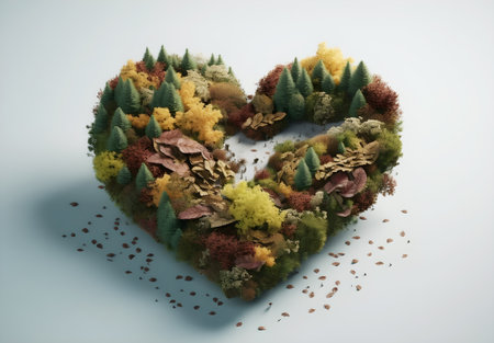 Heart made of autumn leaves and pine cones on a white background.の素材