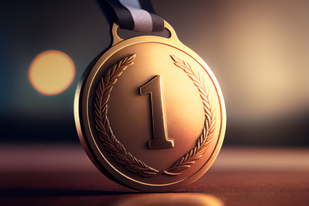 Gold medal with number one on a dark background.の素材