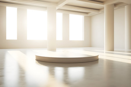Empty room with round podium and sunlight. Mock up, 3D Renderingの素材