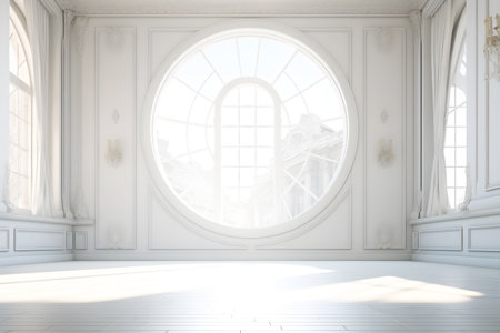 White empty room with round window. 3D rendering. Mock upの素材