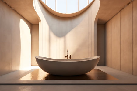 Interior of modern bathroom with wooden walls, concrete floor, comfortable white bathtub and round mirror. 3d renderingの素材