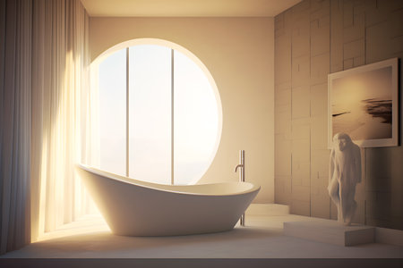 Bathroom interior with a white bathtub and a mirror. 3d rendering mock upの素材