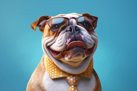 Funny dog with glasses and bow tie. Studio shot on blue background.の素材