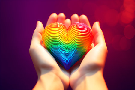 Female hands holding a rainbow heart on a dark background. The concept of love and romance.の素材