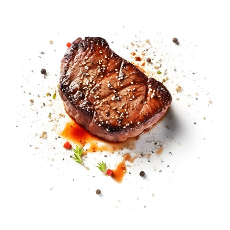 Delicious grilled beef steak with spices on white background, top viewの素材