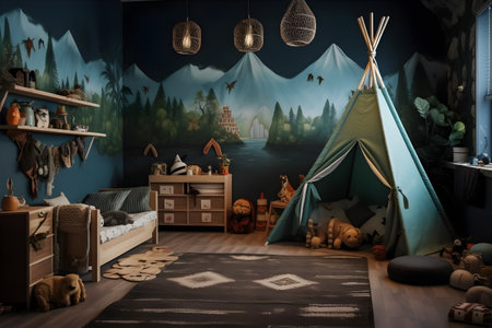 Children's room with a teepee and toys. 3D renderingの素材
