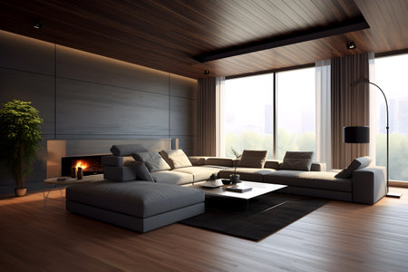 Interior of modern living room with wooden walls, wooden floor, comfortable sofa and fireplace. 3d renderingの素材