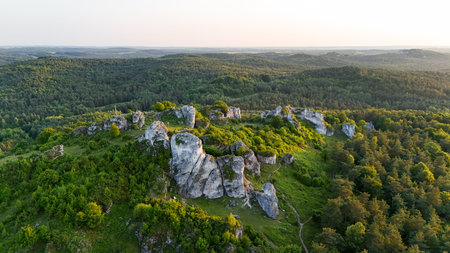 A stunning aerial view of rugged rocky hills rising above a dense, lush forest. The landscape stretches out to a distant horizon under a clear sky, showing the natural beautyの写真素材