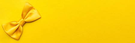 Close-up of a yellow bow tie on a yellow background with space for textの写真素材