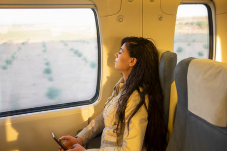 Pretty young female traveler traveling with classic train sitting near the window watching the...