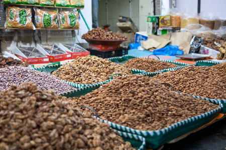 Beautiful Arab exhibition of dried fruits in the center of the city of Beni Mellal (Morocco), where they sell almonds, walnuts, dates and all kinds of similar products.の写真素材