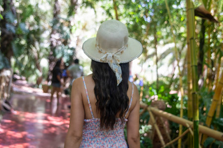 Tourist enjoying and strolling through the Majorelle garden in Marrakech (Morocco).の写真素材