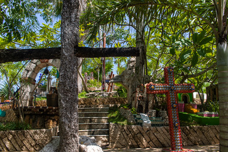 Xcaret, Mexico - December 18, 2022 - Xcaret park representing the Mayan civilization and culture with the typical cemeteries of the Yucatan peninsula, worshiping the day of the dead in Mexico.のeditorial素材