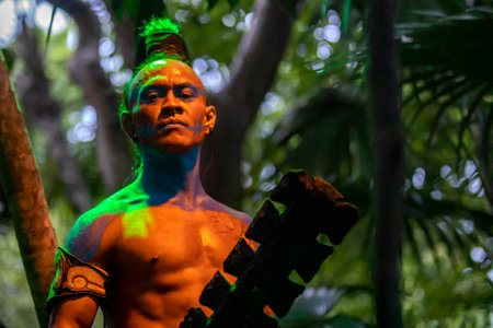 Xcaret, Mexico, December 21, 2022 - Mayan man in the Xcaret park in Mexico, it is a pre-Hispanic civilization with an old and unique culture that was characterized by its stars.のeditorial素材