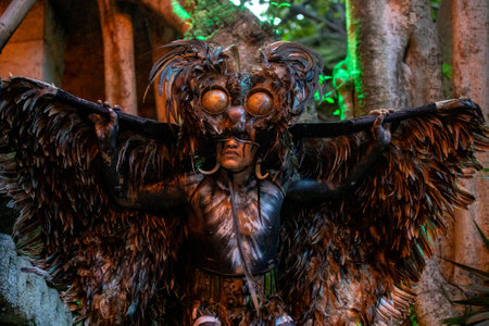 Xcaret, Mexico, December 25, 2022 - Mayan owl warrior in the rainforest protecting the ancient Mayan civilization with his trivial dance in the ruins and cities like Xcaret Park.のeditorial素材