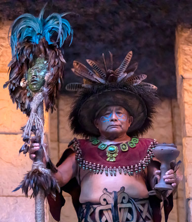Xcaret, Mexico, December 25, 2022 - High Mayan priest in the rainforest protecting the ancient Mayan civilization with its ruins and cities such as Xcaret Park in the Mexican Mayan Riviera.のeditorial素材
