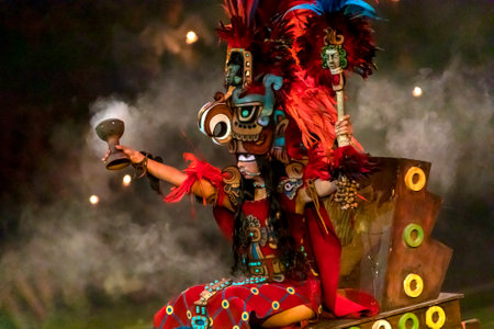 Xcaret, Mexico - January 25, 2023: Queen of a pre-Hispanic dance at Xcaret Park in the tropical jungle of the Mayan Riviera, home of an ancient archaeological civilization and symbolism of the Maya.のeditorial素材