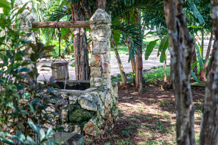 Old water well built of stone in the middle of the rainforest, it is an ancient construction that attracts the attention of walkers, tourists and travelers.の写真素材