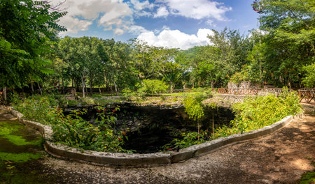 Panoramic view of the mouth of the subway cenote Saamal of chichÃ©n itzÃ¡ is in the Mayan jungle hacienda of the Yucatan Peninsula in Mexico, this is an ideal place for tourists and summer vacations.の写真素材