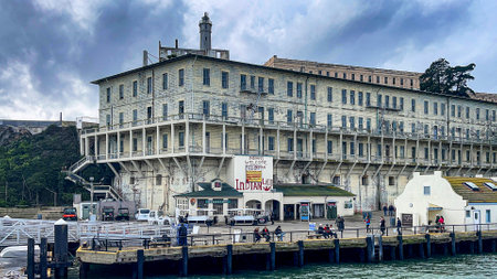 San Francisco; USES; June 7, 2023: Entrance to the Alcatraz State Prison on Alcatraz Island in the middle of the bay of San Francisco in the United States of America.のeditorial素材
