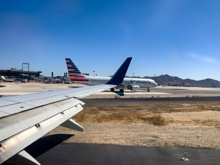 Cabo San Lucas, Mexico; January 9, 2023: Commercial airplane at Cabo San Lucas International Airport in the state of Baja California Sur, Mexico. Concept aerial view, airplane.のeditorial素材