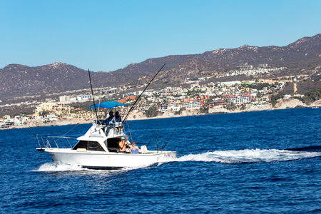 Cabo San Lucas, Mexico - January 10, 2023: People on a boat enjoying blue marlin fishing in the Gulf of California in Mexico.のeditorial素材