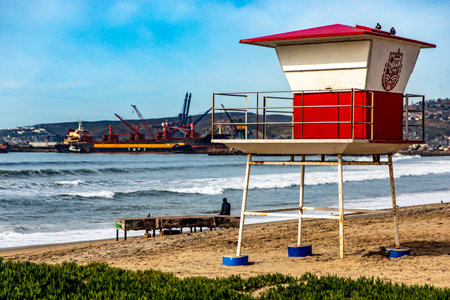 Rosarito, Mexico, September 9, 2023: Beach lifeguard stand in Rosarito, a city in Baja California, Mexico.のeditorial素材