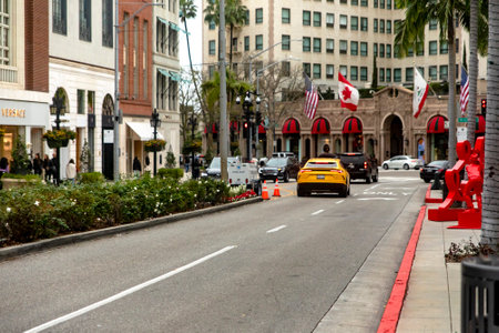 Los Angeles, USA; January 15, 2023: Beverly Hills Police mobile unit on the luxurious and famous street of Rodeo Drive, in California in the United States.のeditorial素材