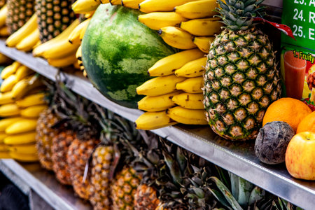 Fruit stand selling pineapples, watermelons, bananas on the streets of Manhattan, in the Big Apple of New York City in the United States of America.の写真素材