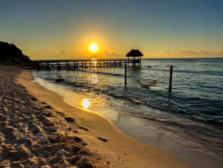 Caribbean Sunrise: Witness the breathtaking moment when the sun rises over the turquoise waters casting a warm glow on the pristine golden beach. Experience the magic of dawn in the Caribbean paradiseの写真素材