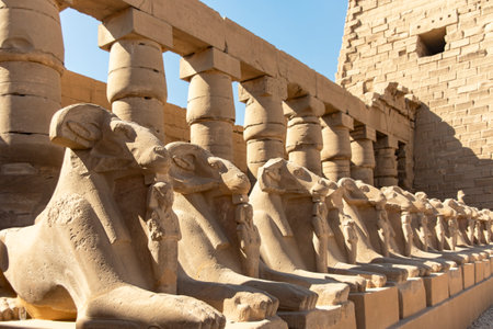 The enigmatic Sphinx stands as guardian of Karnak, its watchful gaze fixed upon the ancient temple. This mythical creature is a powerful symbol of protection and mystery in ancient Egypt.の写真素材