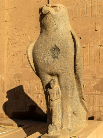 The intricate details of the statue of Horus, a timeless masterpiece carved into the walls of the...