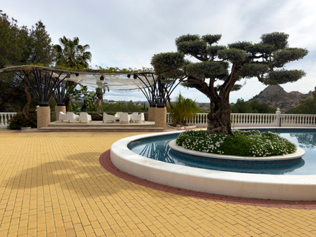 Discover a fountain with a centennial olive tree, offering a Ricote Valley view, Murcia. Explore the Moorish landscape by the Segura River in Spain.の写真素材