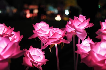 Beautiful fabric pink rose flowers with abstract background at night. artificial flowers