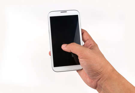 Hand holding white smart phone on white background