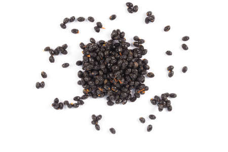 Black papaya seeds on white background, dryの写真素材
