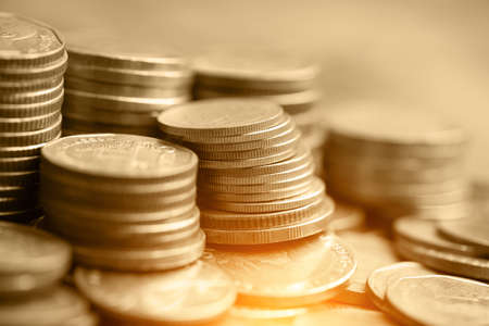 Rows of coins for finance and background, saving conceptの写真素材