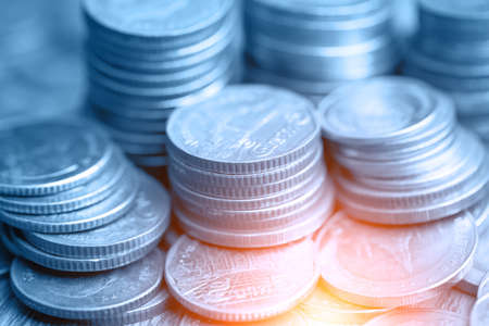 Rows of coins for finance and background saving conceptの写真素材