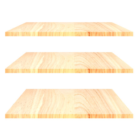 Set of empty brown wooden shelf isolated on white background. for montage of your productの写真素材