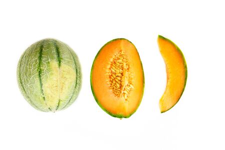 Healthy eating and dieting food concept. Cantaloupe fruit composition and design element. Top view, flat layの写真素材