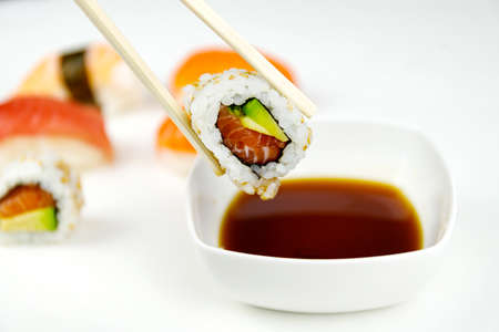 sushi. Food abstract background. Sushi on the white background. Closeup of delicious japanese food with sushi roll.の写真素材