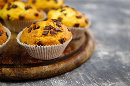 Homemade Chocolate Chip Muffins on rustic backgroundの写真素材
