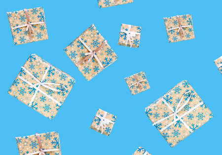 Set of cristmas boxes with ribbons and illustrations full of presents.の写真素材