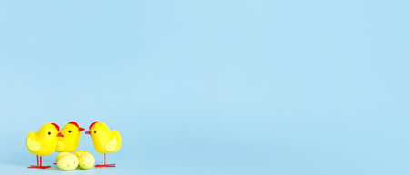 Beautiful blue easter background with chicks. Spring nature backdrop. Festive decorations. Cartoon...